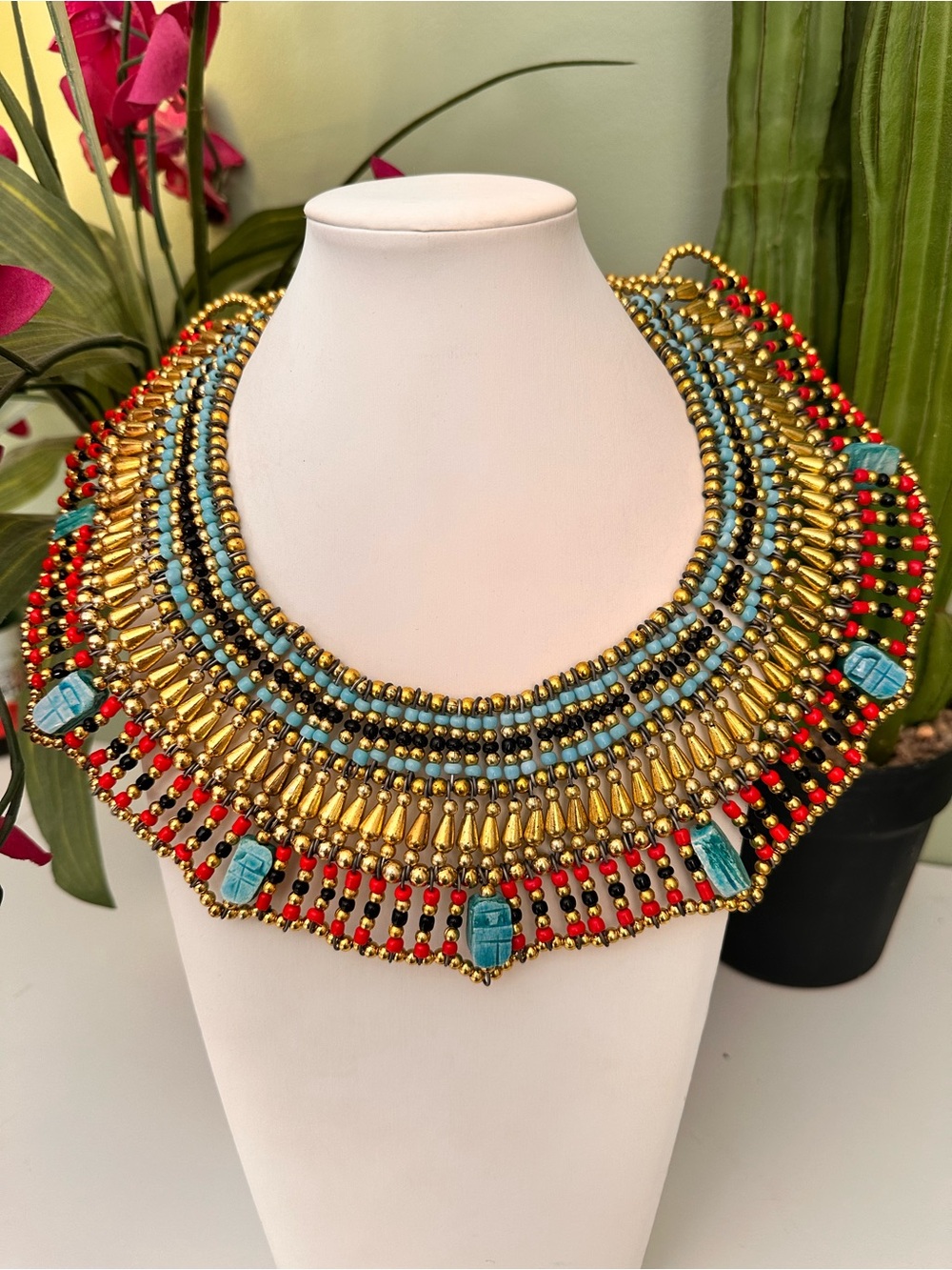 Gold-Tone Beaded Collar Necklace with Turquoise and Red Accents